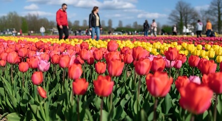 Vibrant red and pink tulips bloom in a sunlit field with people walking flower