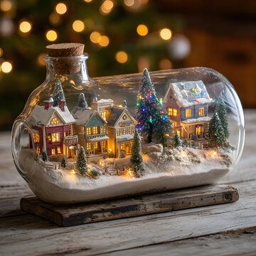 Festive background decoration with trees and light in warm tone