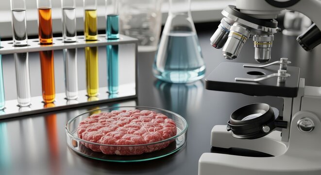 Laboratory equipment surrounds a petri dish containing raw animal tissue for scientific examination