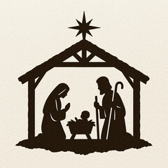 Torn edge vector nativity silhouette stable star Bethlehem Holy Family white background illustration