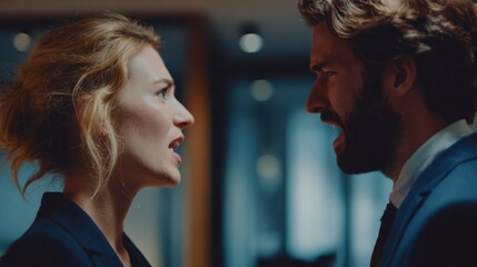 Tense conversation between two professionals in a modern office during a late evening meeting