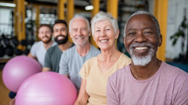 Fitness class participants smiling with exercise balls in a gym setting