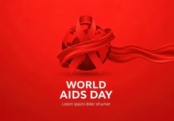 World aids day awareness with red ribbon wrapped around the globe on red background to commemorate the fight against aids and hiv virus