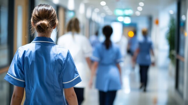 Nurses walking down a hospital corridor during a busy shift at a healthcare facility in the early afternoon