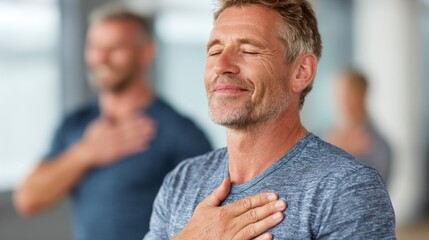 Men practicing mindfulness and relaxation techniques during a wellness session inside a modern studio in the morning