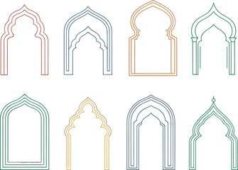 Collection of arches in various styles and colors on a white background