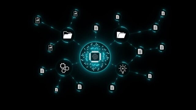 Digital folder working on with virtual screen. Online documentation database, IT consultant being set up Virtual Document Management System. Motion graphics of Document concept. 4k