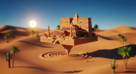 Ancient structure floats mysteriously above undulating desert dunes under bright sunlight