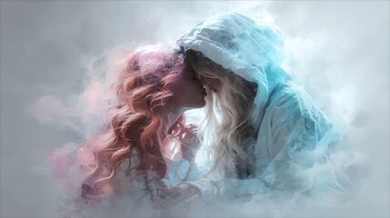 A digital painting of two women sharing a tender kiss. The scene is romantic and dreamlike with a watercolor style. Ideal for romance themes, LGBTQ content, or artistic projects.