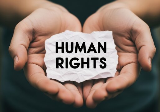 A person holding a piece of paper with the words human rights written on it, advocating for the protection of fundamental freedoms