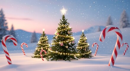 Three glowing Christmas trees sparkle in a snowy landscape, surrounded by candy canes and serene hills—cheerful, cozy, and full of holiday spirit.