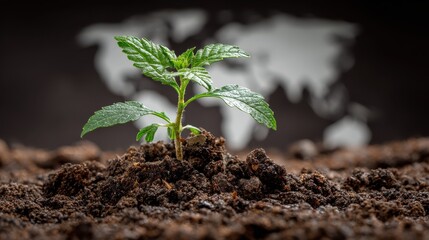 Young Plant Growing in Rich Soil with World Map Background Symbolizing Global Sustainability and Environmental Awareness in Agriculture and Nature