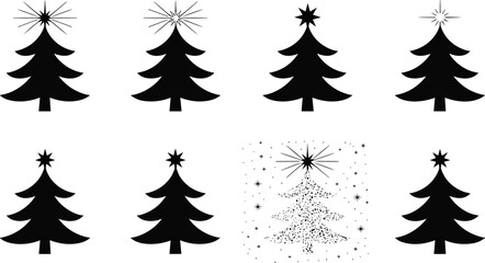 Fototapeta premium Black Christmas tree silhouette collection featuring various star toppers and a sparkling glitter texture variant for winter holiday decoration