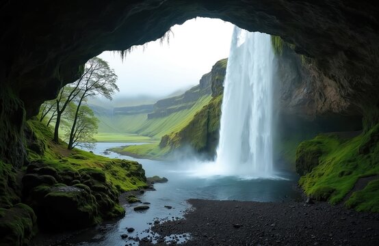 Cave behind waterfall view. Rich green mossy rocks and cliff faces surround flowing water. Tall cascade plunges into blue pool. Foggy mist drifts over landscape.