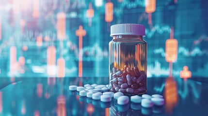Colorful Capsules Spilling from Bottle with Stock Graph, Symbolizing Investment in Healthcare Growth
