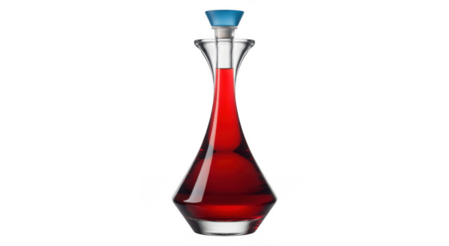 Elegant glass decanter with red liquid and blue stopper isolated on a transparent background