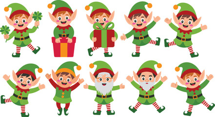 Cartoon Christmas elf character set featuring happy Santa helpers in various poses like jumping and holding gifts