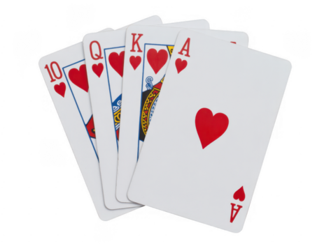 Five playing cards showing ten queen king ace and another ace of hearts isolated on a transparent background