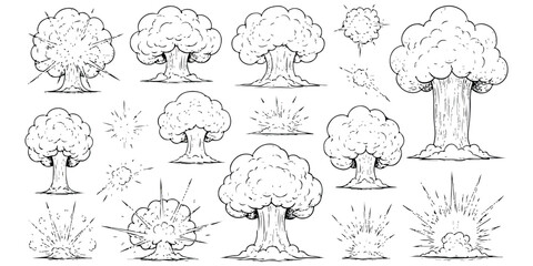 Hand drawn set of cartoon explosions, mushroom clouds, and burst effects
