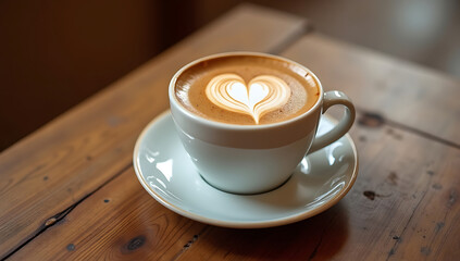 Fototapeta premium White Cup of Cappuccino with Heart Latte Art on Wooden Table AI