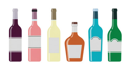 Vector collection of colorful wine and alcohol glass bottles with blank labels flat illustration set