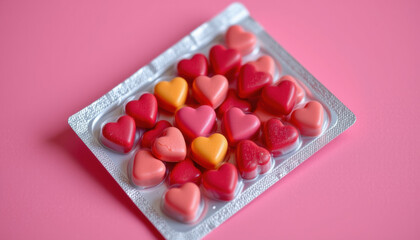 Heart shaped candies red, pink, and orange colors packed silver blister tray pink background, evoking sweetness and love