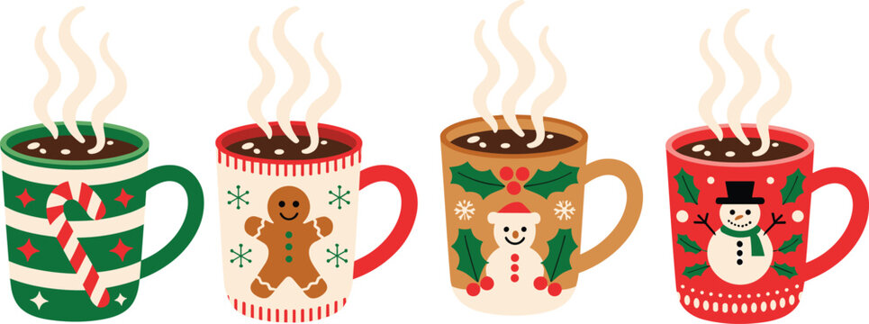 Christmas hot chocolate mug set featuring festive gingerbread snowman and candy cane designs for winter holiday
