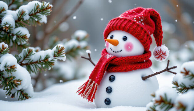 Snowman with red hat and scarf smiling in snowy winter forest with pine branches covered in snowflakes - Powered by Adobe
