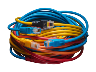 Variety of colorful coiled ethernet network cables with rj45
