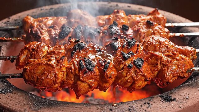 Sizzling tandoori chicken on hot clay oven with charred marks