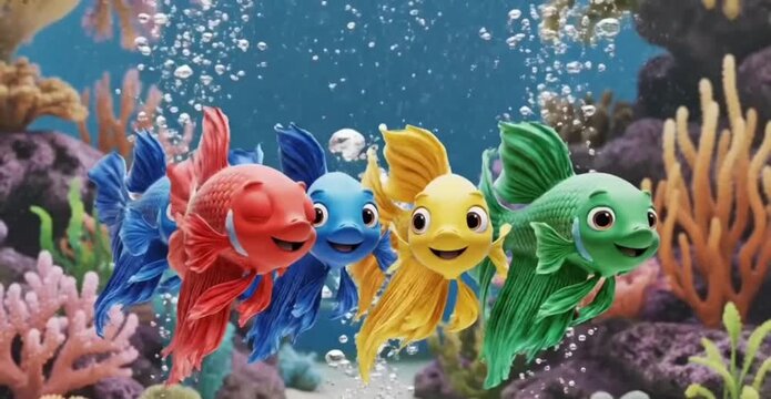 Four colorful cartoon fish swimming underwater creating a joyful marine scene. Children illustration concept