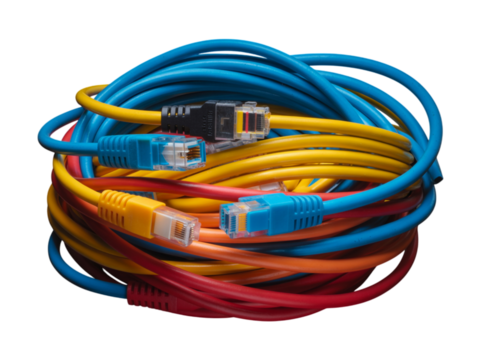 Variety of colorful coiled ethernet network cables with rj45