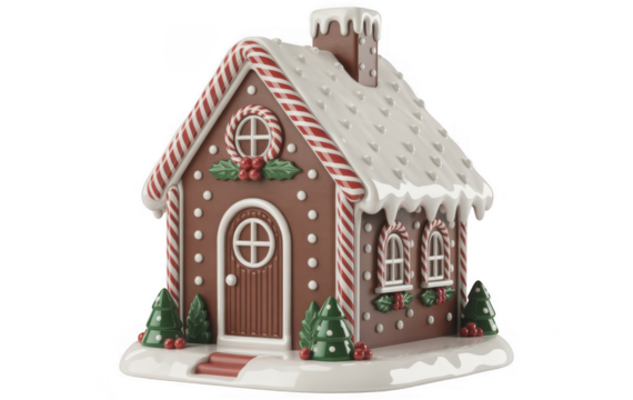 Gingerbread house with candy cane trim and snow isolated on a transparent background - Powered by Adobe