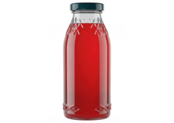 Glass bottle filled with red liquid and dark cap isolated on a transparent background