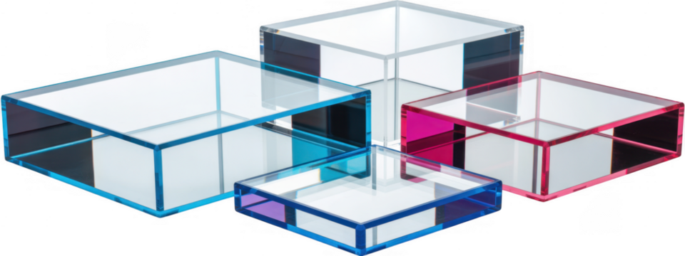 Four clear acrylic display boxes with colored edges isolated on a transparent background