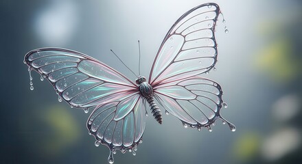 Obraz premium Translucent insect with crystalline wings covered in falling droplets floats against a soft background