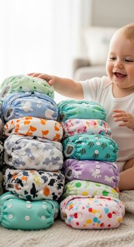 Joyful infant interacts with a tall stack of colorful reusable cloth diapers