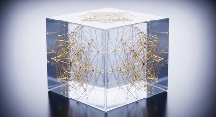Transparent cube encases intricate golden geometric network structure