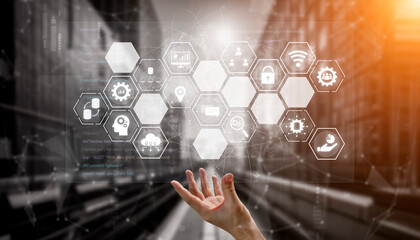 Hexagon interface combining AI, data, analytics, and cybersecurity. AI connects systems, data drives analytics, data supports decisions, and AI enables smart business infrastructure. Vouch