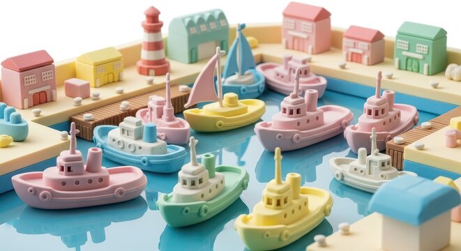 Collection of colorful, miniature maritime scene playthings floats in blue water near docks and tiny structures
