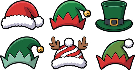 Colorful cartoon Christmas hat set featuring Santa Claus elf and reindeer antler headwear for festive winter holiday costume party decoration © Kseniia Dizdar