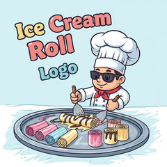 Cool ice cream roll chef logo preparing colorful rolled desserts