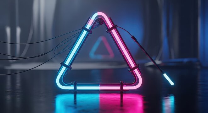 Illuminated geometric shape glows with contrasting neon lighting in a dark environment