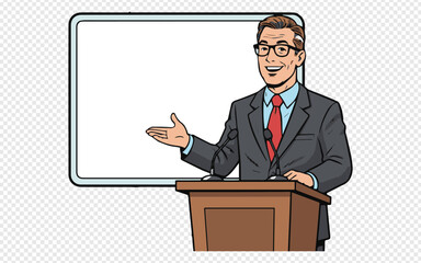 Engaging speaker presenting at a podium with a blank presentation screen, perfect for business announcements or educational lectures with customizable content