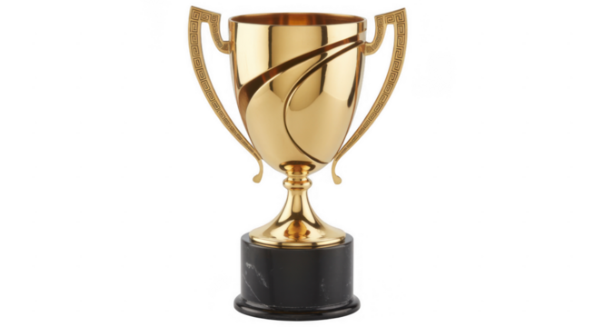 Golden trophy with Greek key pattern handles and marble base isolated on a transparent background