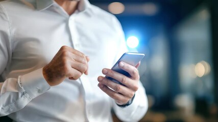 Man texting on mobile phone in modern office setting during work hours while focusing on communication and productivity - Powered by Adobe