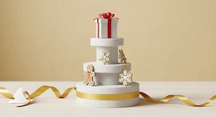 A christmas tree made of round white boxes with a gift on top and gold decorations