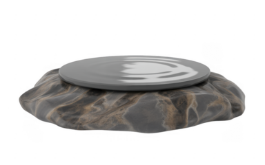 Grey circular platform with rippling water on textured stone base isolated on a transparent background