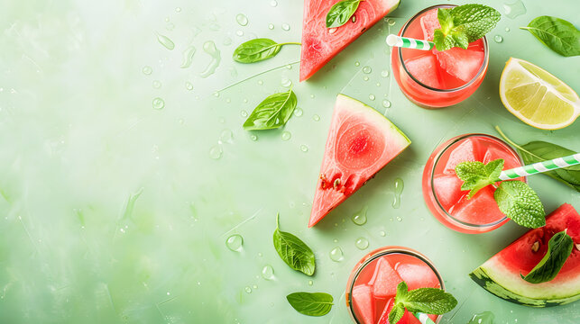 Watermelon wedges and chilled drinks on isolated background — perfect for beverage promotion, used for summer menu and drink branding.