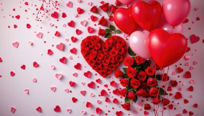 Romantic red heart shaped roses and balloons surrounded by scattered small hearts on soft pink background